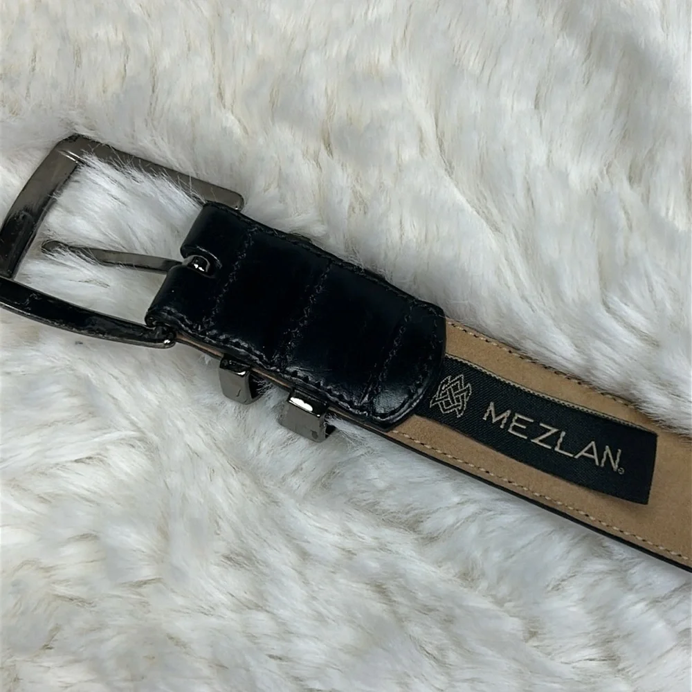 Mezlan Designer Black Leather Belt Silver Metal Buckle Made in Spain